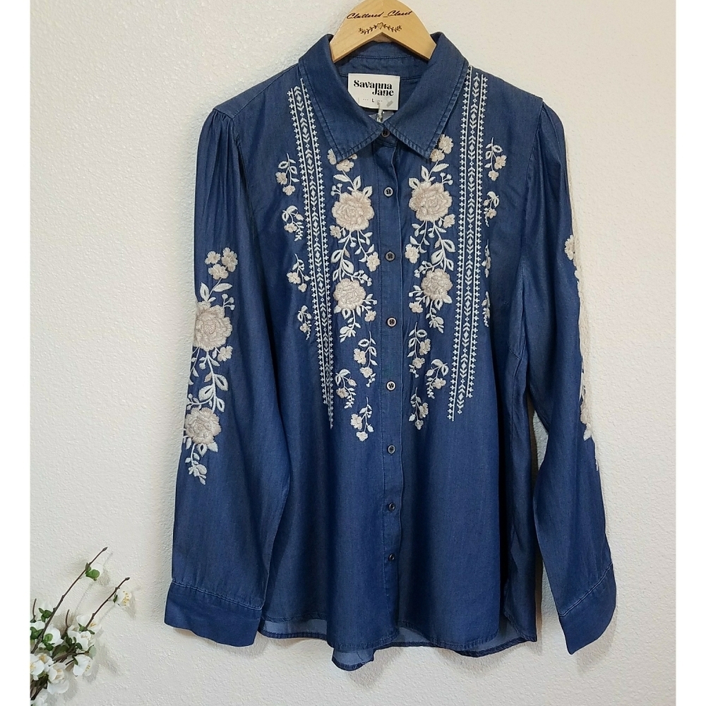 Savanna Jane Embroidered Chambray Button-Up Shirt